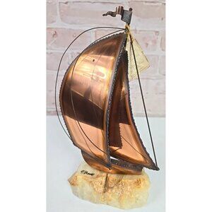 Demott Copper Sailboat Metal Sculpture on Marble Base MCM Signed Original Tags